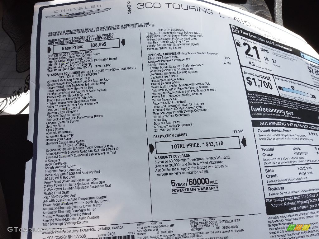 2022 Chrysler 300 Touring L AWD Window Sticker Photos