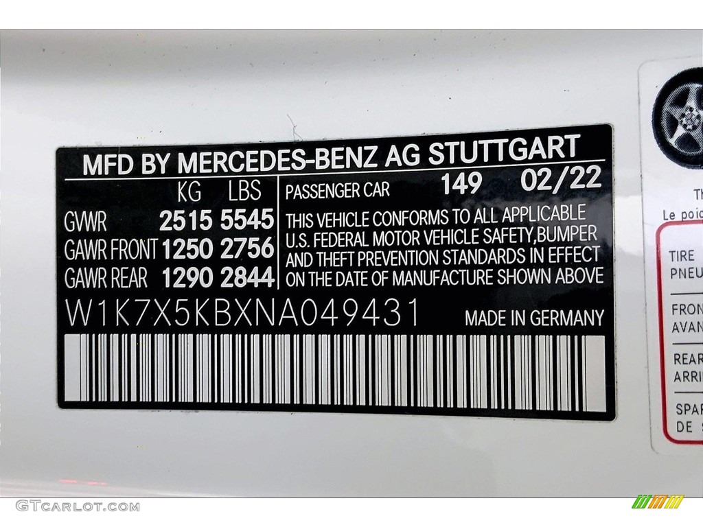 2022 AMG GT Color Code 149 for Polar White Photo #144793381