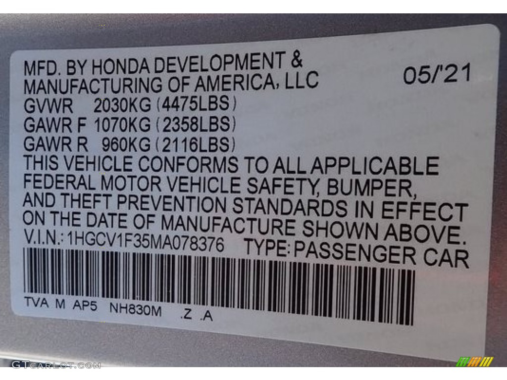2021 Accord Sport - Lunar Silver Metallic / Black photo #40