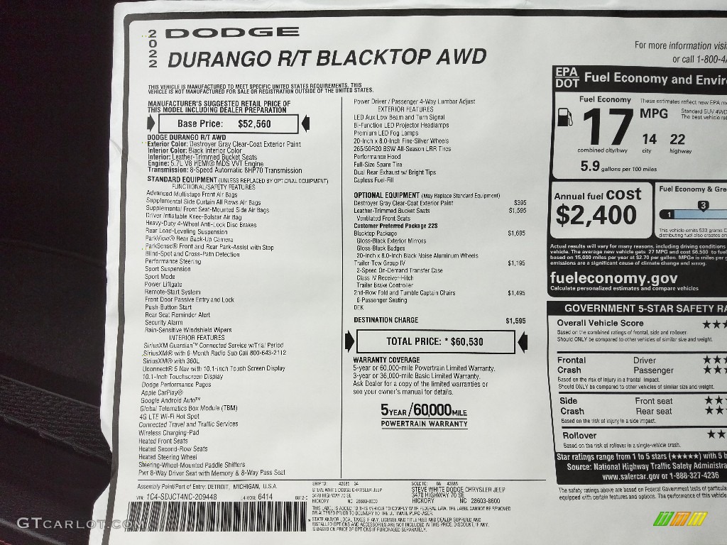 2022 Dodge Durango R/T Blacktop AWD Window Sticker Photo #144822997