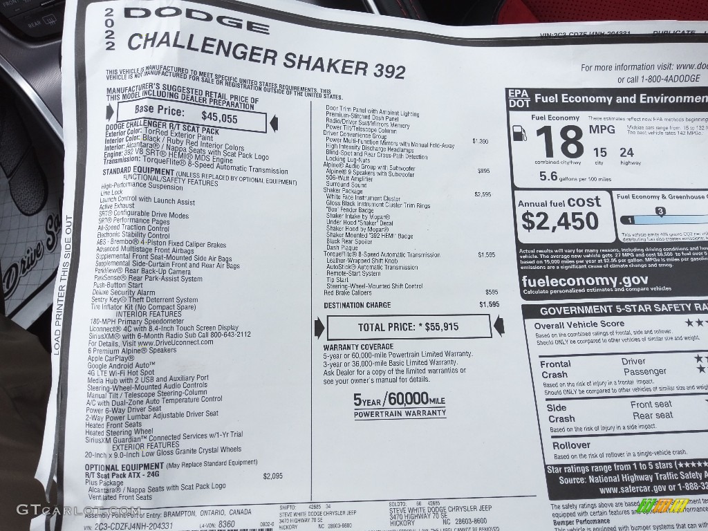 2022 Dodge Challenger R/T Scat Pack Shaker Window Sticker Photo #144823285