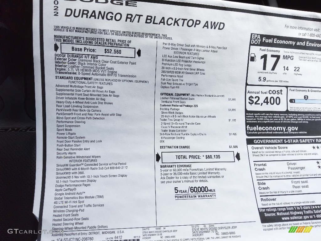 2022 Dodge Durango R/T Blacktop AWD Window Sticker Photo #144825350