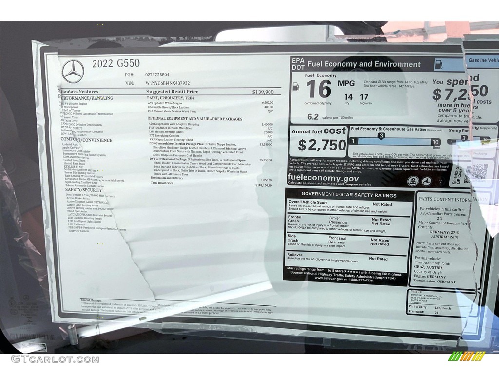 2022 Mercedes-Benz G 550 Window Sticker Photo #144826931