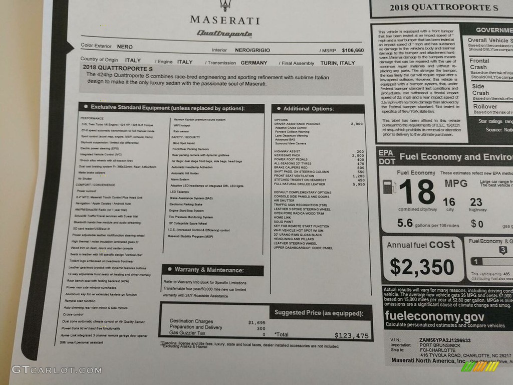 2018 Maserati Quattroporte S Q4 AWD Window Sticker Photos