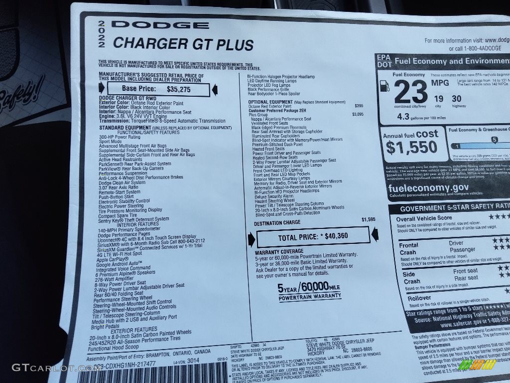 2022 Dodge Charger GT Plus Window Sticker Photo #144828554