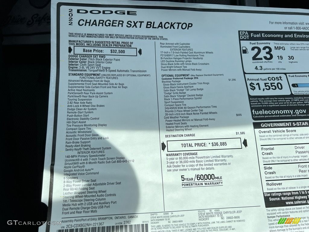 2022 Dodge Charger SXT Blacktop Window Sticker Photos