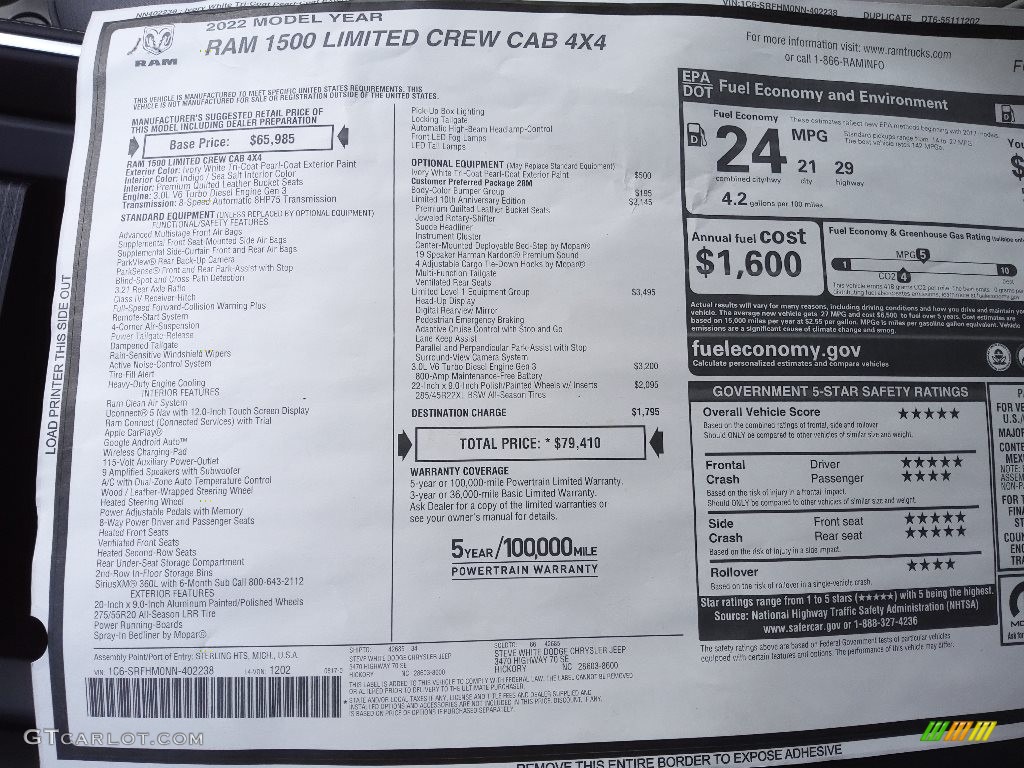 2022 Ram 1500 Limited Crew Cab 4x4 Window Sticker Photo #144838510