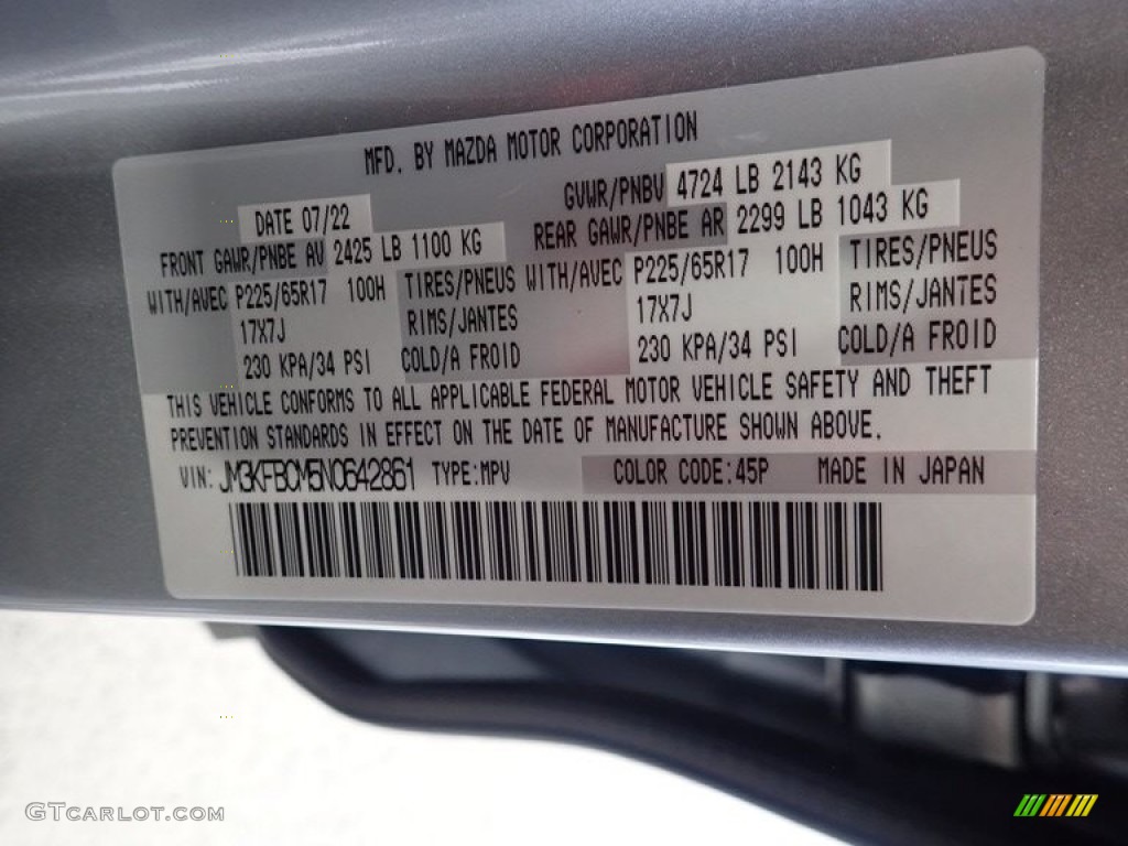2022 CX-5 Color Code 45P for Sonic Silver Metallic Photo #144839036
