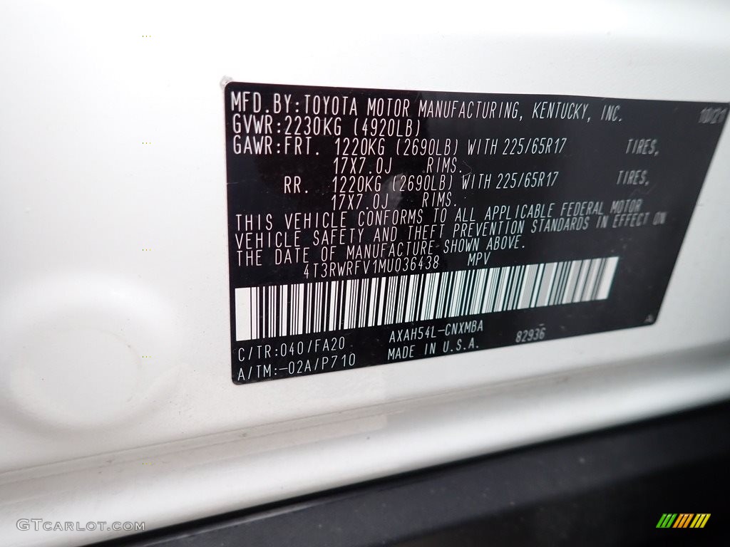 2021 RAV4 Color Code 040 for Super White Photo #144840899