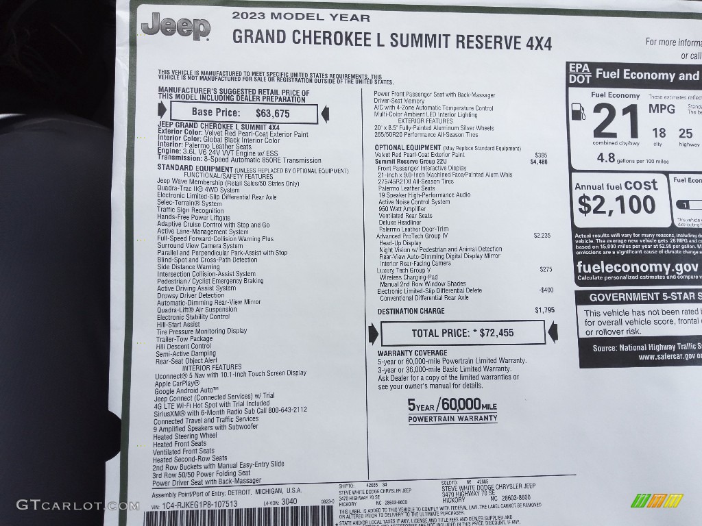 2023 Jeep Grand Cherokee L Summit Reserve 4WD Window Sticker Photo #144842414