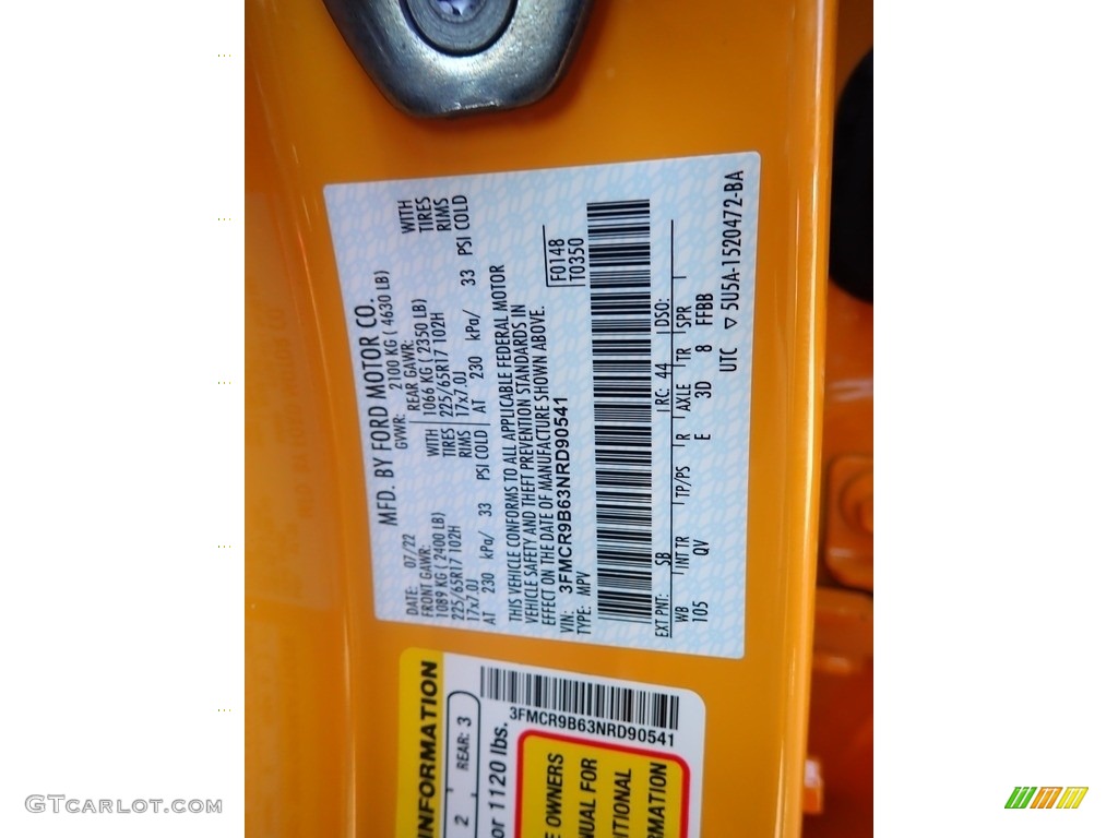 2022 Bronco Sport Color Code SB for Cyber Orange Metallic Tricoat Photo #144844383