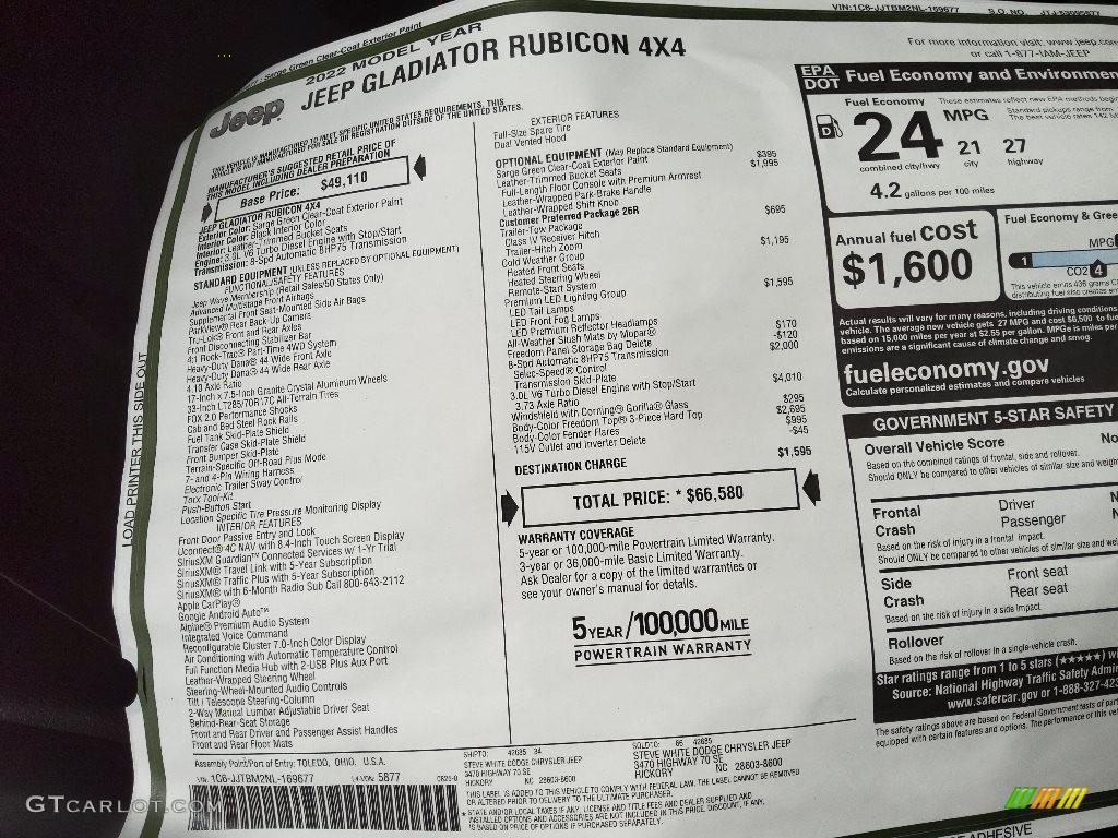 2022 Jeep Gladiator Rubicon 4x4 Window Sticker Photo #144852954