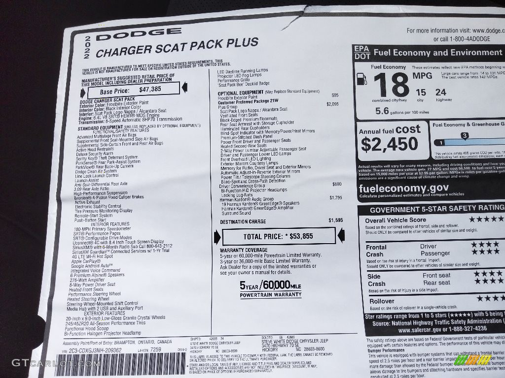 2022 Dodge Charger Scat Pack Plus Window Sticker Photo #144854724