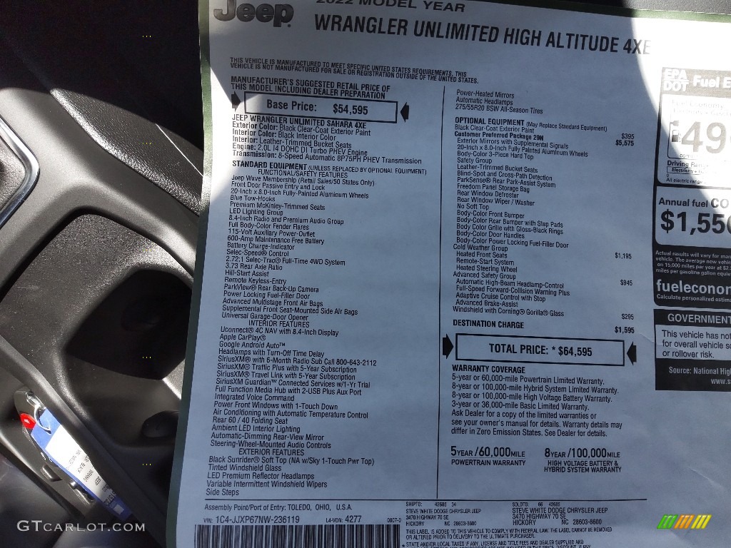 2022 Jeep Wrangler Unlimited High Altitude 4XE Hybrid Window Sticker Photos