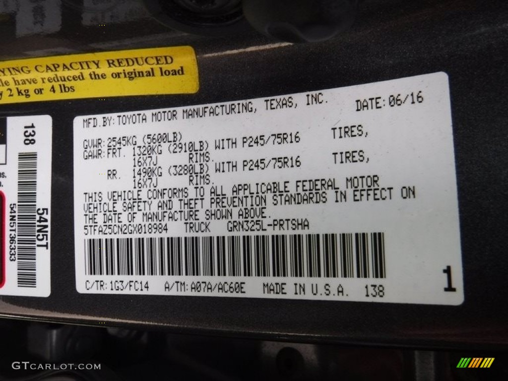 2016 Toyota Tacoma SR5 Double Cab Color Code Photos