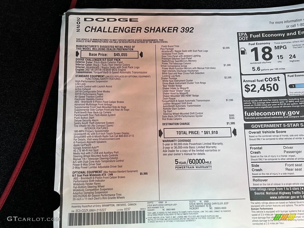2022 Dodge Challenger R/T Scat Pack Shaker Widebody Window Sticker Photo #144879692