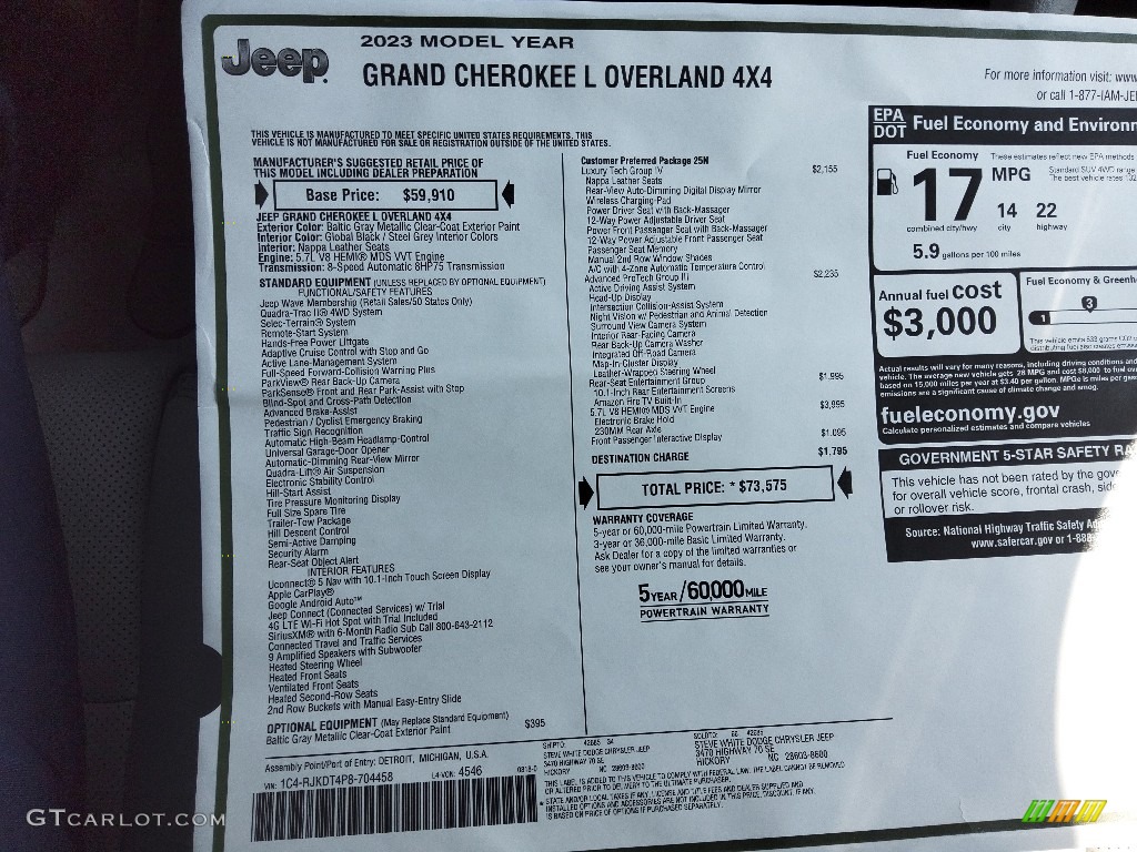 2023 Jeep Grand Cherokee L Overland 4x4 Window Sticker Photo #144881690
