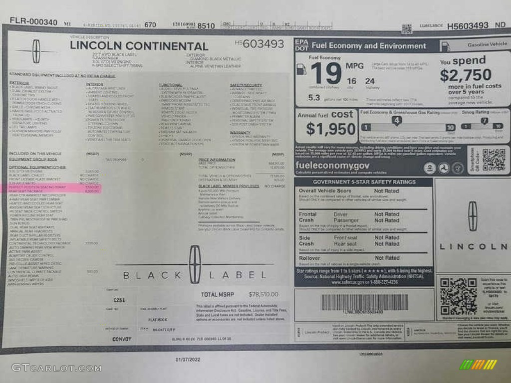 2017 Lincoln Continental Black Label AWD Window Sticker Photo #144883262