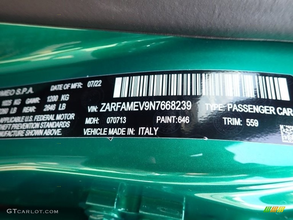 2022 Alfa Romeo Giulia Quadrifoglio Color Code Photos