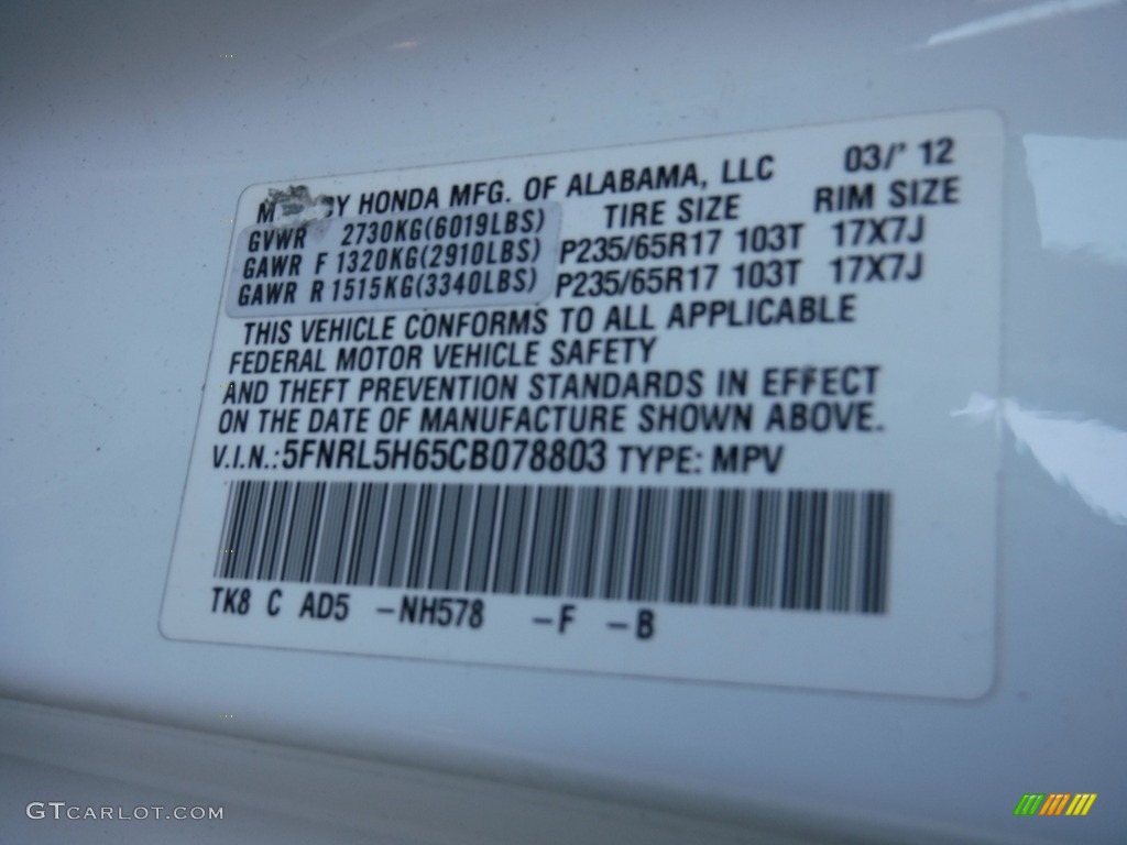 2012 Odyssey EX-L - Taffeta White / Beige photo #34