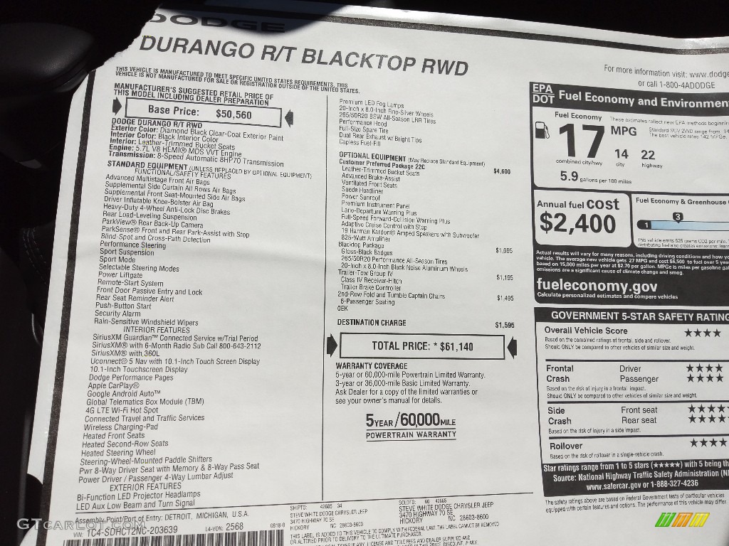 2022 Dodge Durango R/T Blacktop Window Sticker Photo #144910932