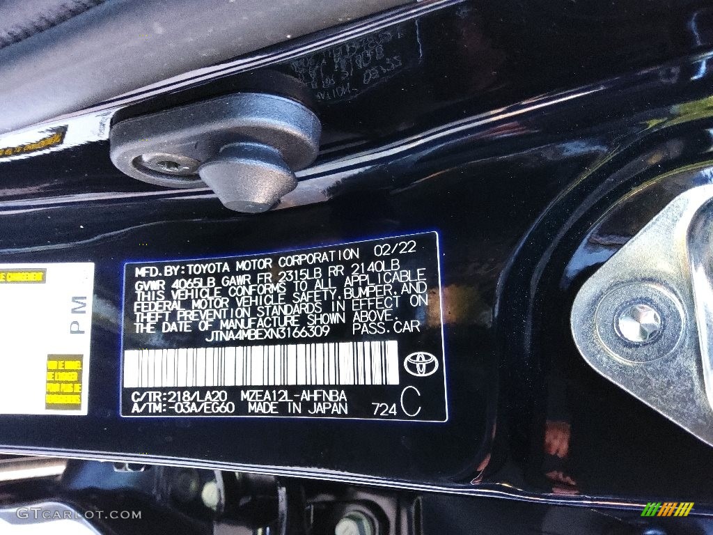 2022 Corolla Hatchback Color Code 218 for Midnight Black Metallic Photo #144920643