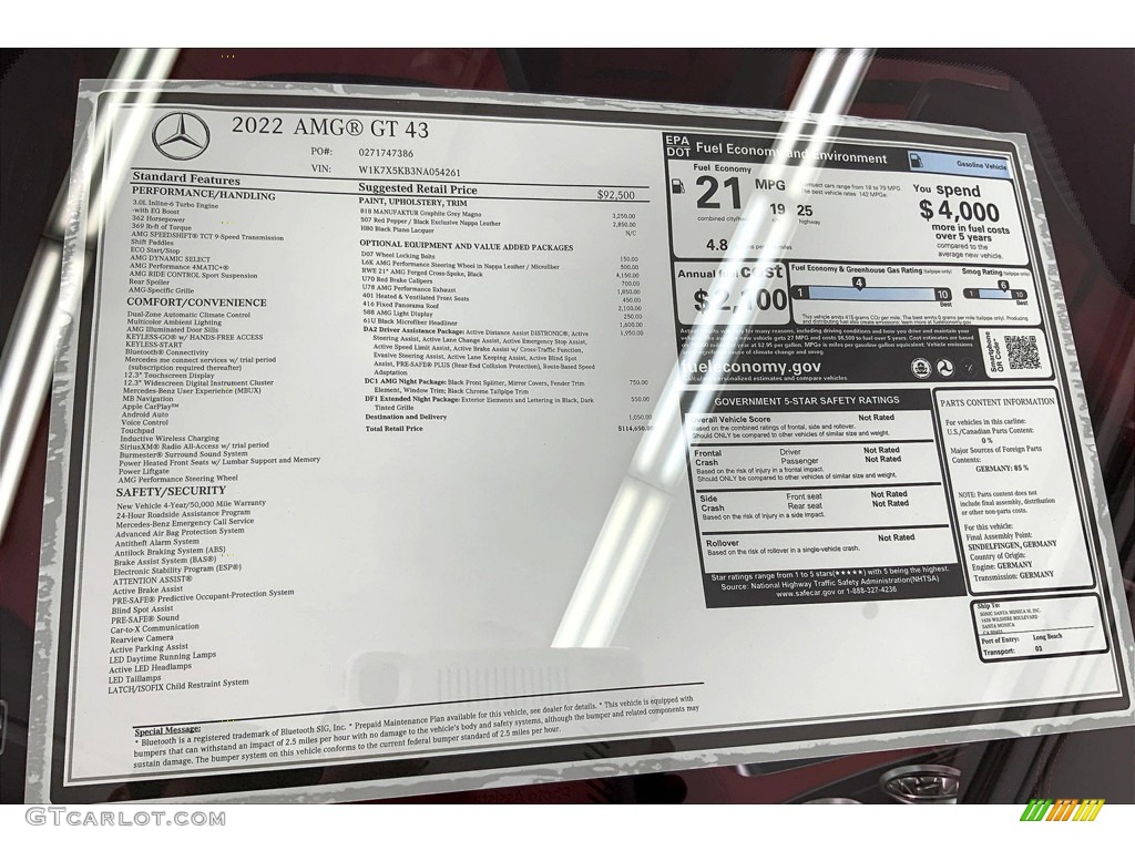 2022 Mercedes-Benz AMG GT 43 Window Sticker Photos