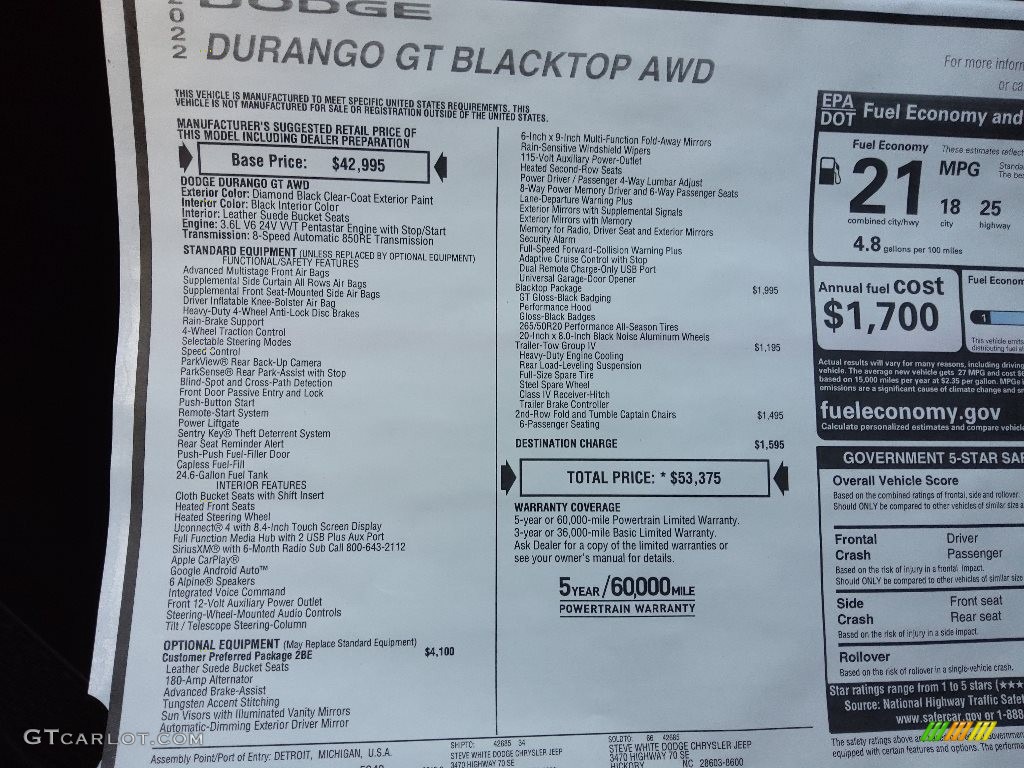 2022 Dodge Durango GT Blacktop AWD Window Sticker Photo #144932107