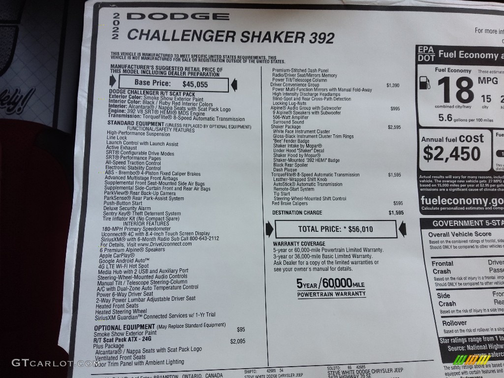 2022 Dodge Challenger R/T Scat Pack Shaker Window Sticker Photo #144935164