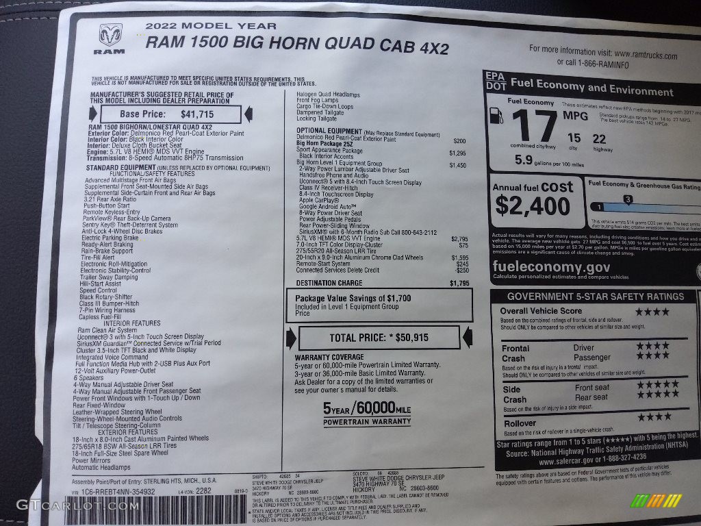 2022 Ram 1500 Big Horn Quad Cab Window Sticker Photos