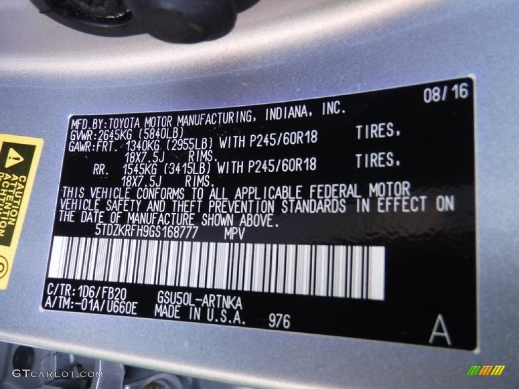 2016 Toyota Highlander LE Color Code Photos