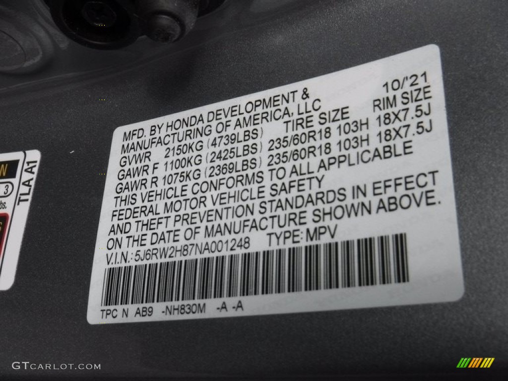 2022 CR-V Color Code NH830M for Lunar Silver Metallic Photo #144977929
