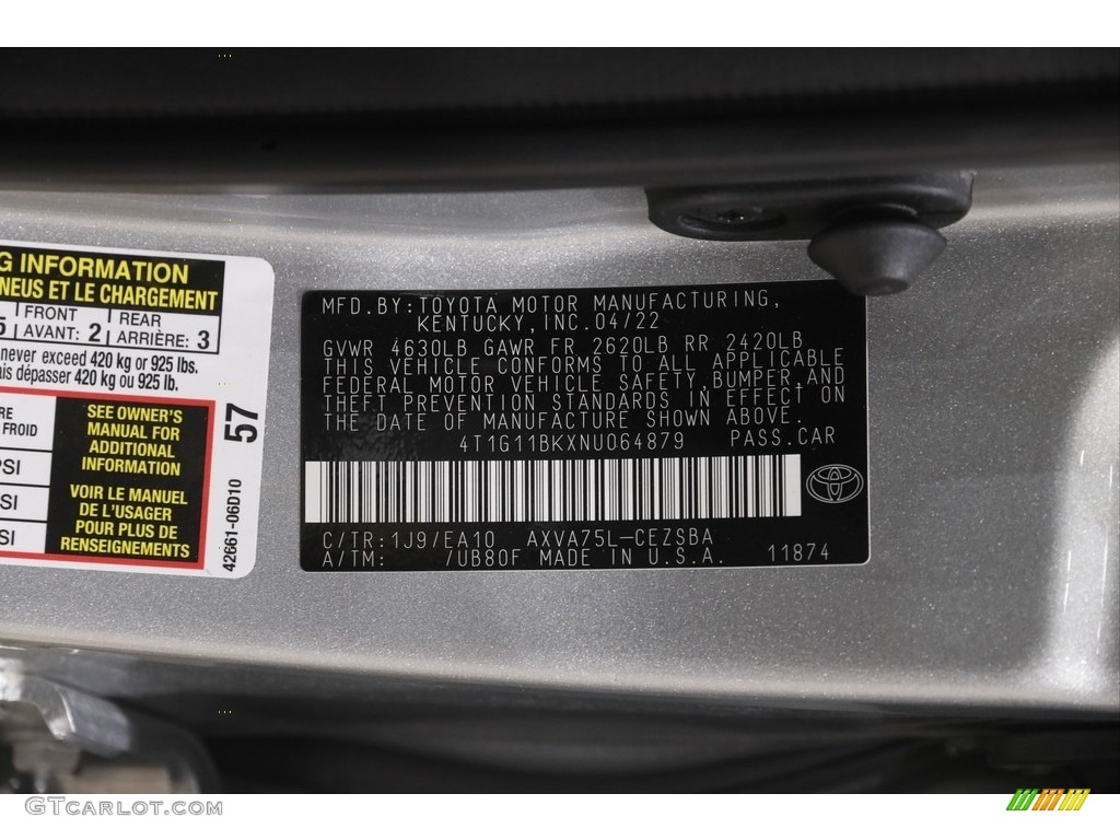 2022 Camry Color Code 1J9 for Celestial Silver Metallic Photo #144992318