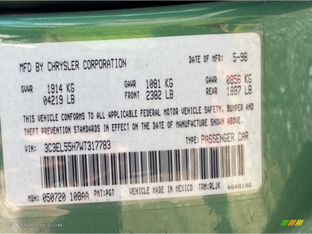 1998 Chrysler Sebring JXi Convertible Color Code Photos