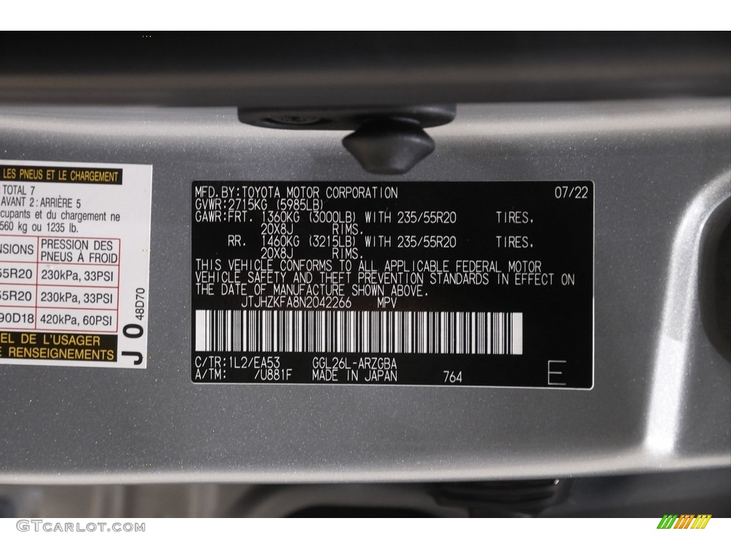 2022 Lexus RX 350L AWD Color Code Photos