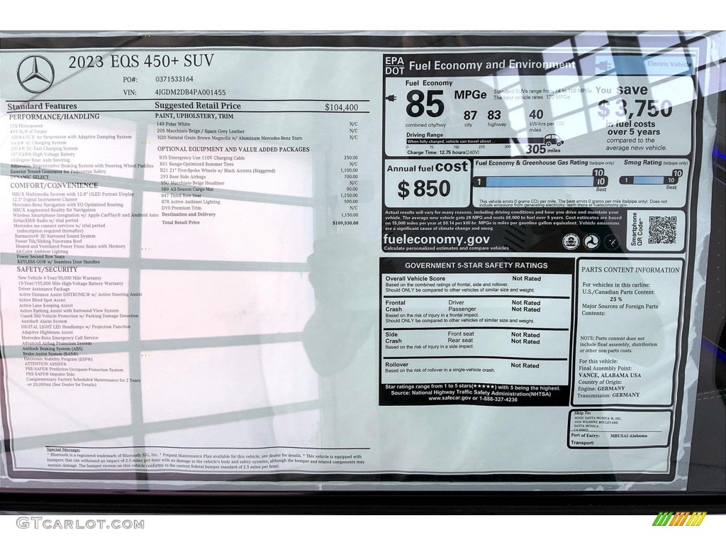 2023 Mercedes-Benz EQS 450+ SUV Window Sticker Photo #145014370