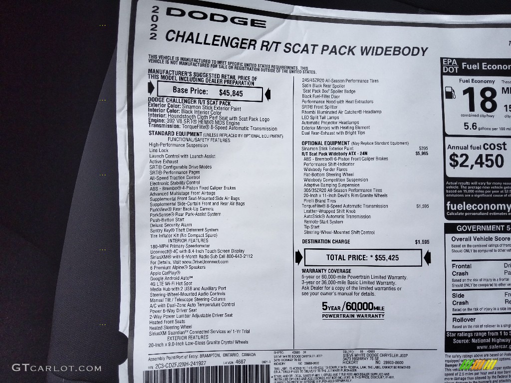 2022 Dodge Challenger R/T Scat Pack Widebody Window Sticker Photos