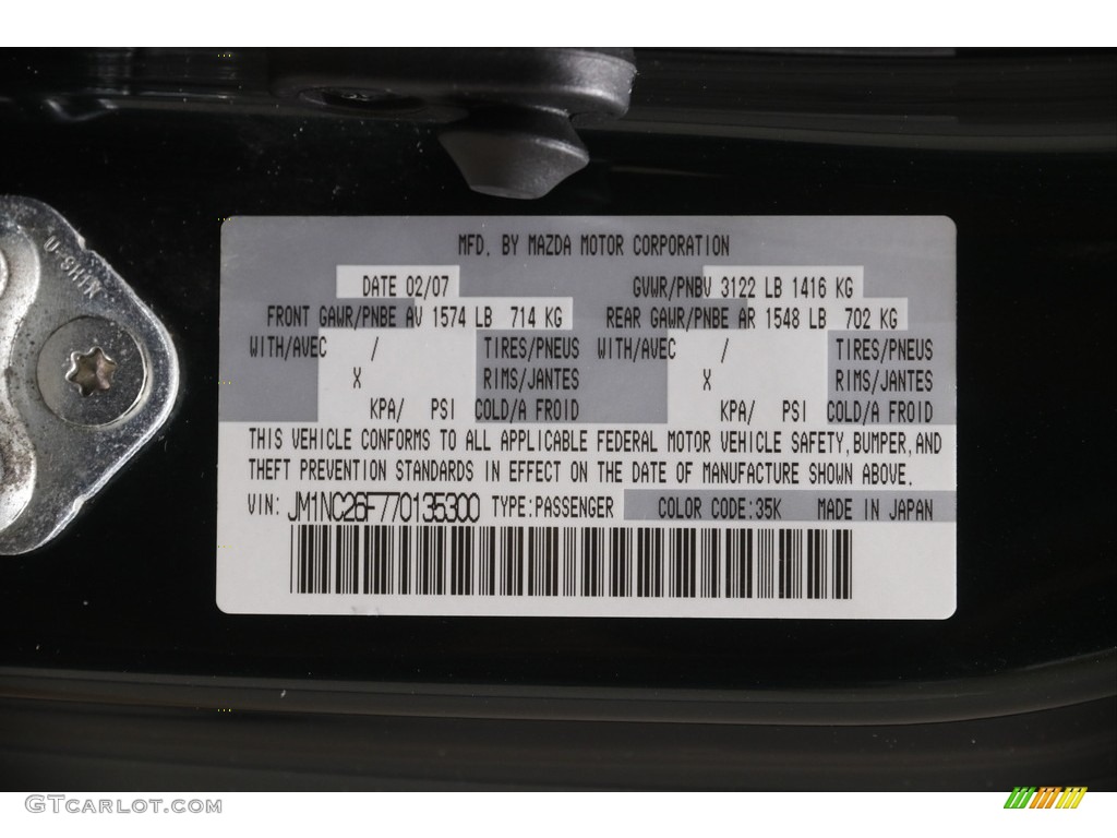 2007 Mazda MX-5 Miata Grand Touring Roadster Color Code Photos