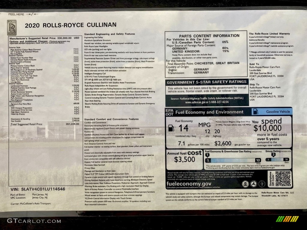 2020 Rolls-Royce Cullinan Standard Cullinan Model Window Sticker Photo #145022780