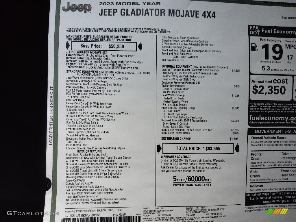 2023 Jeep Gladiator Mojave 4x4 Window Sticker Photo #145035751