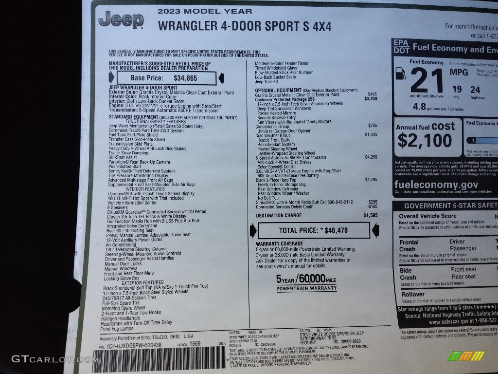 2023 Jeep Wrangler Unlimited Sport 4x4 Window Sticker Photo #145045753