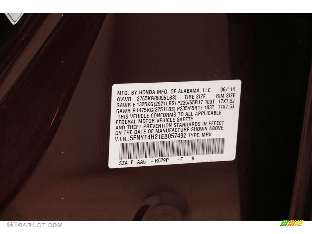 2014 Honda Pilot LX 4WD Color Code Photos