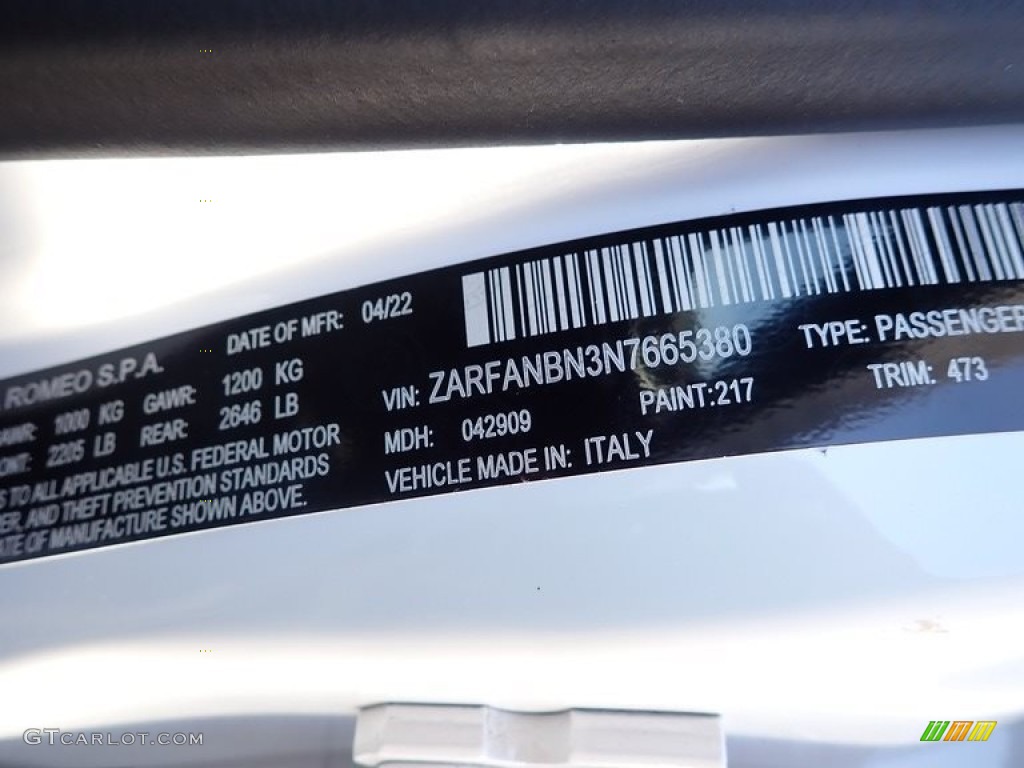 2022 Alfa Romeo Giulia Veloce AWD Color Code Photos