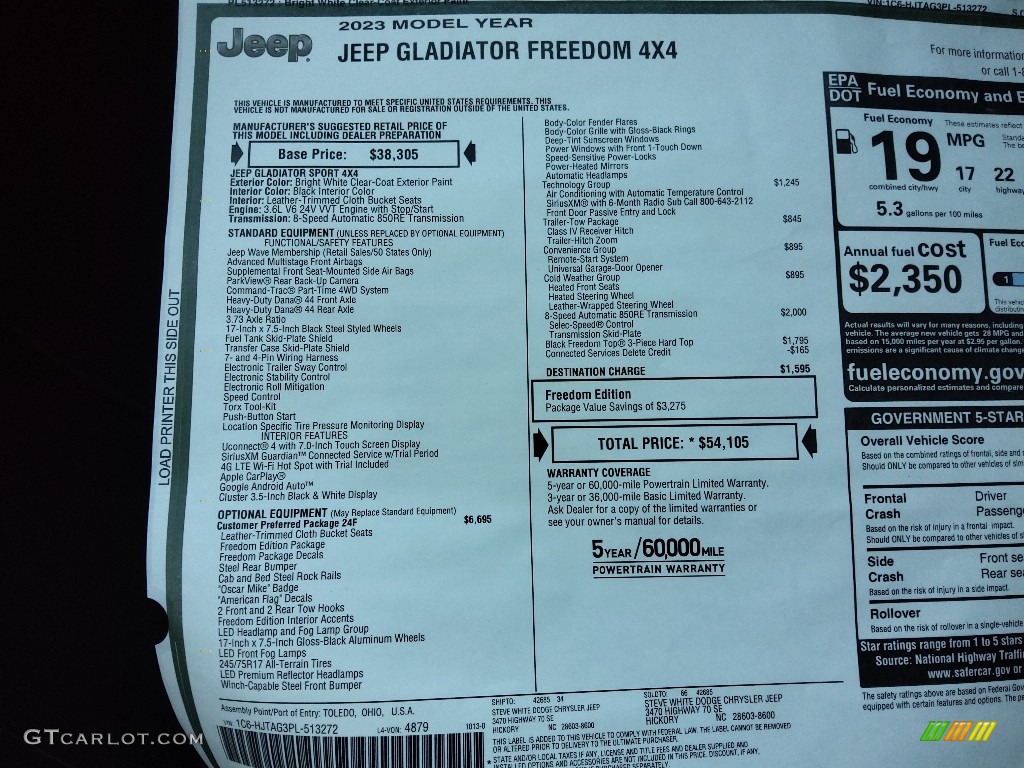 2023 Jeep Gladiator Freedom Edition 4x4 Window Sticker Photo #145069177
