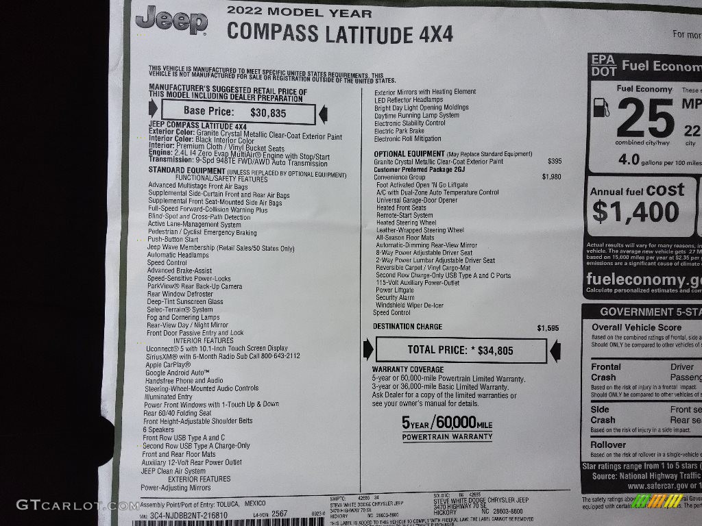 2022 Jeep Compass Latitude 4x4 Window Sticker Photo #145069717