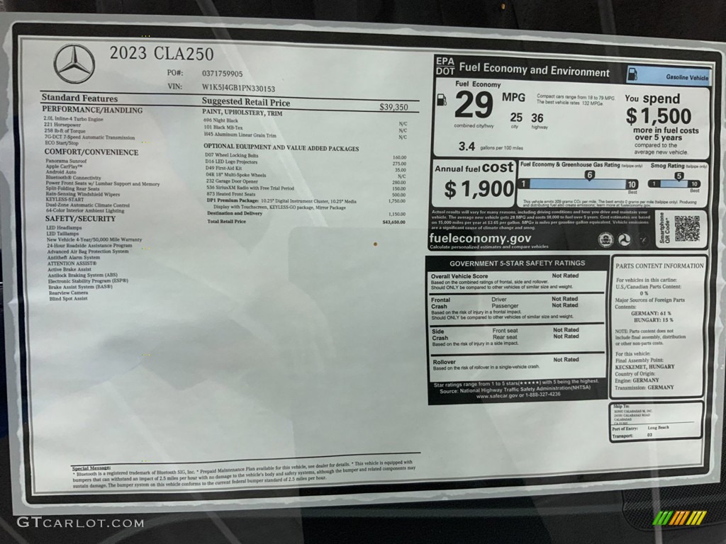 2023 Mercedes-Benz CLA 250 Coupe Window Sticker Photo #145072976