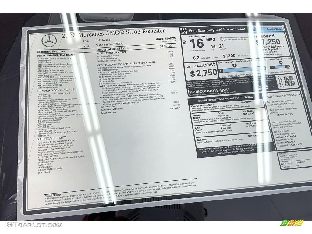 2022 Mercedes-Benz SL AMG 63 Roadster Window Sticker Photo #145076078