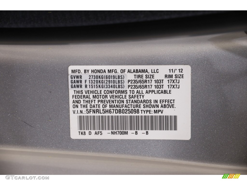 2013 Odyssey EX-L - Alabaster Silver Metallic / Gray photo #24