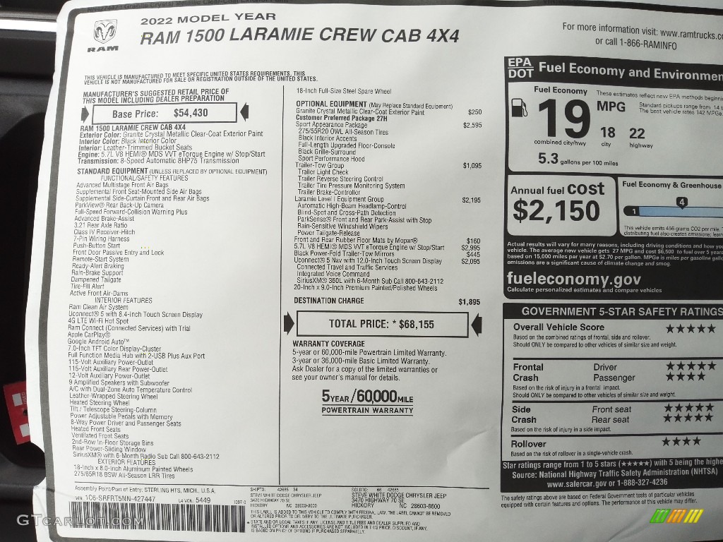 2022 Ram 1500 Laramie Crew Cab 4x4 Window Sticker Photo #145083186