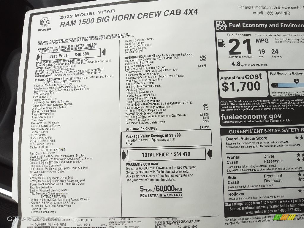 2022 Ram 1500 Big Horn Crew Cab 4x4 Window Sticker Photos
